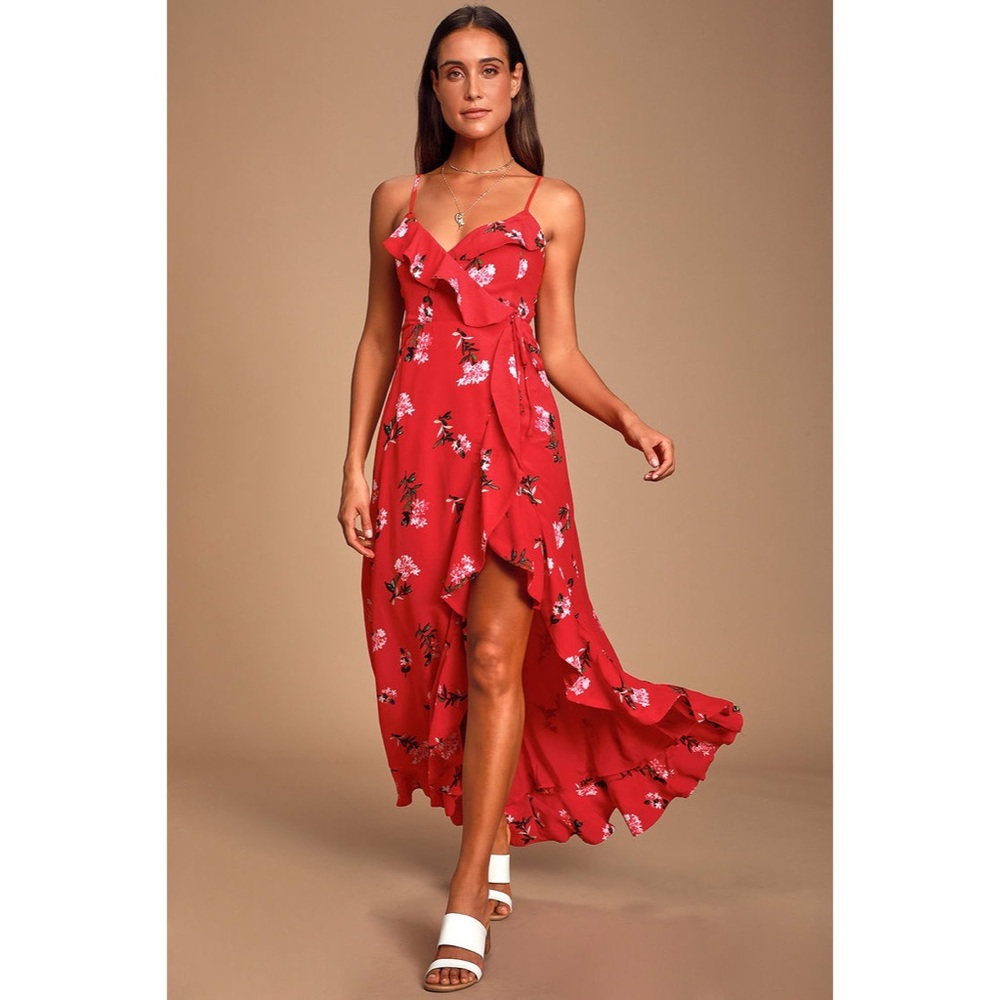 Lulu’s Red Roseanne Floral Maxi Wrap Dress